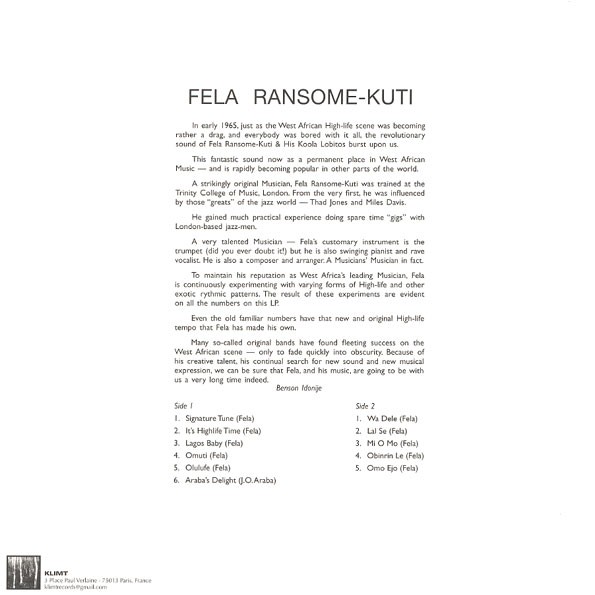 Fela : Fela Ransome Kuti And His Koola Lobitos | LP / 33T  |  Afro / Funk / Latin
